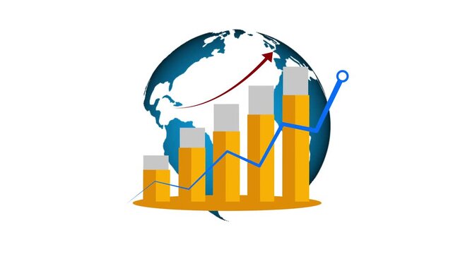 Global business chart animation rises with an arrow on world map. International economic growth metrics update on the business chart. Worldwide corporate investment success drives the business chart.