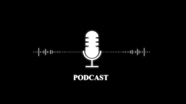 Podcast logo animation displays a microphone with sound equalizer. Audio voice broadcasting telemetry routes around the podcast logo. Digital acoustic studio streaming drives this active podcast logo.