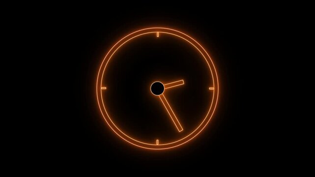 Orange neon clock animation sweeps simple dial hands over pitch black. Modern digital time tracking guides this neon clock. Precise clockwork telemetry powers the active neon clock.
