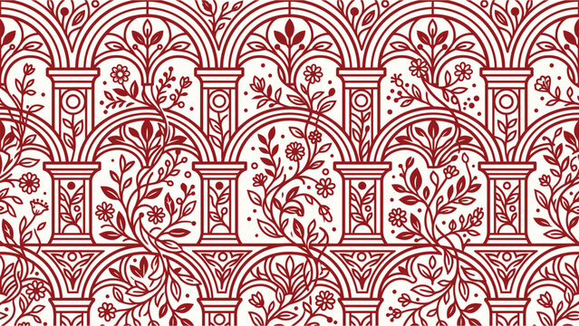 Intricate red damask pattern with floral motifs for seamless wallpaper and textile design. Flat vector illustration EPS 10.