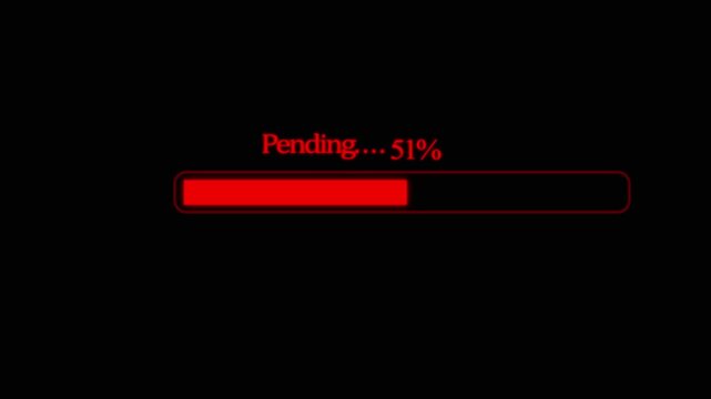 Red loading progress bar with pending status text on black background digital interface displaying a indicating