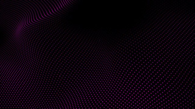 Abstract wave motion formed by glowing pink digital dots on black background dynamic movement of particle waves