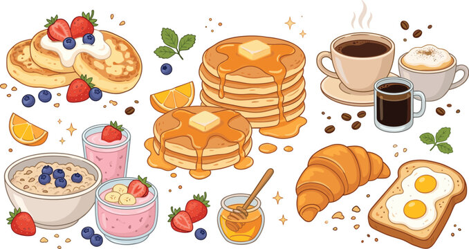 Delicious Breakfast Food Illustration Set with Pancakes, Waffles, Yogurt, Oatmeal, Coffee, Croissant, Toast, Eggs, Honey, Berries, and Fresh Fruit