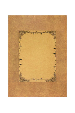 Faded grunge paper document with decorative border on white background. Old fashioned vintage design for diploma, manuscript, letter.