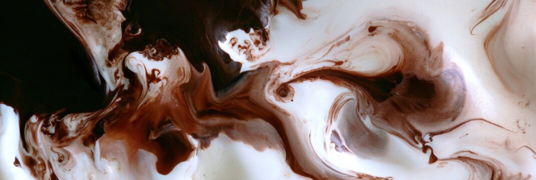 Hot fudge sauce meets cold cream from above, forming dark brown tendrils and cream wisps during the mixing process.