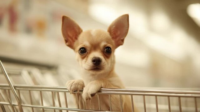 Smooth-coated chihuahua pup in a cart, minimalist retail racks blurred, soft cream luminance, precise ear silhouette, polished detail