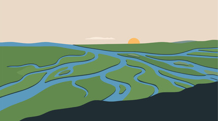 Obraz premium Minimalist vector illustration of a winding river delta flowing through green plains during a calm sunset