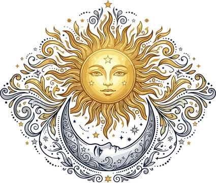 Mystical sun and crescent moon faces with celestial ornate patterns