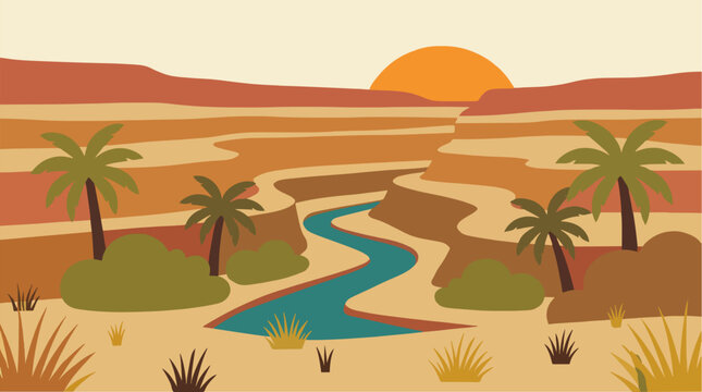 Minimalist flat vector illustration of a winding river flowing through a desert canyon at sunset with palm trees and layered hills.
