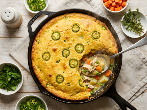 Top view of a homemade chicken pot pie with a jalapeo cornbread crust in a cast iron skillet on a wooden table
