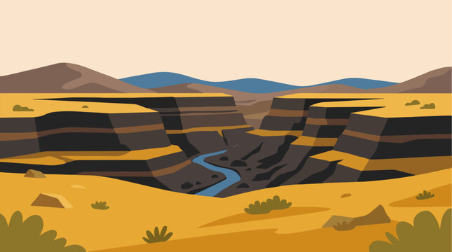 Flat vector illustration of a deep desert canyon with a winding blue river flowing through layered rock formations under a clear sky.