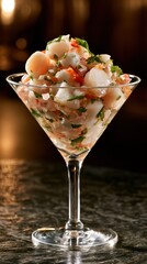 Obraz premium Elegant scallop and white fish ceviche served in a martini glass, high-end cocktail party appetizer, soft lighting