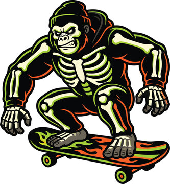 Gorilla skeleton mascot character performing tricks on flaming skateboard vector graphic art.