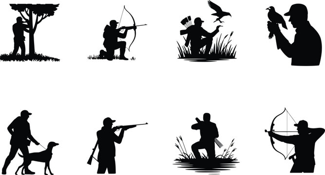 Set of black silhouette depicting various hunting activities, including archery, shooting, and falconry, isolated on a white background