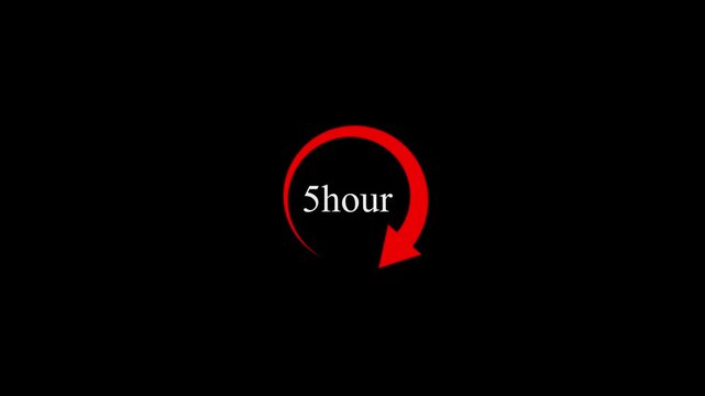 Red color clock and stopwatch icon animation with 5 hour time circle countdown on dark black background digital motion graphic design.