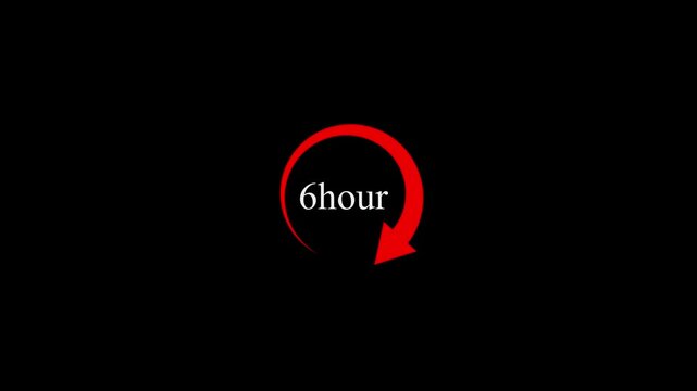 Red color clock and stopwatch icon animation with 6 hour time circle countdown on dark black background digital motion graphic design.