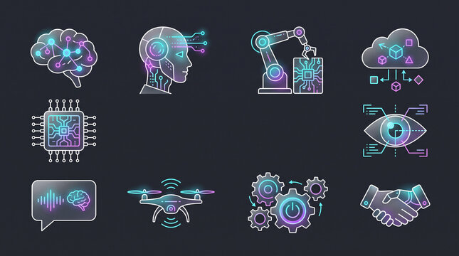Neon technology icons floating on a dark backdrop illustrate artificial intelligence and modern data automation.