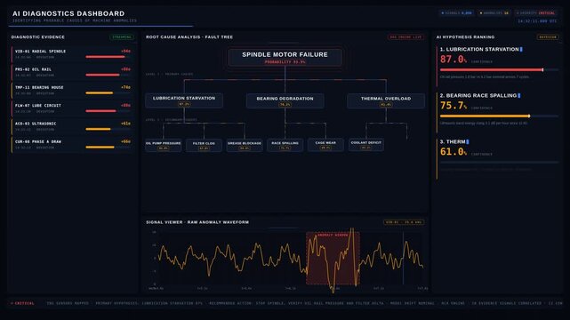An advanced AI diagnostics dashboard visualizes probable causes of machine anomalies with animated fault trees and detailed evidence panels in a sleek dark interface.