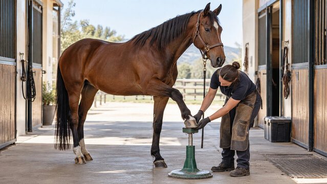 Horse Stands Calmly for Farrier Hoof Care