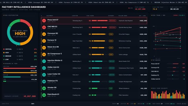 A dark-mode factory intelligence dashboard showcasing a ranked equipment risk leaderboard, featuring animated risk scores and a dynamic risk distribution chart.