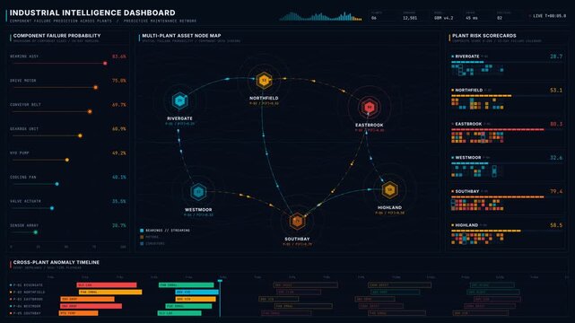 Explore an advanced industrial intelligence dashboard showcasing component failure predictions across multiple plants with vibrant animated visuals and informative risk assessments.