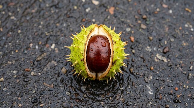 Autumn Arrives: Split Horse Chestnut Husk And Glossy Conker Lying On Wet Tarmac