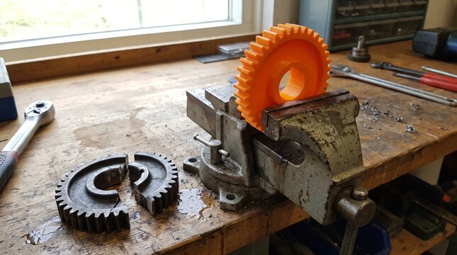Orange 3D Printed Replacement Gear In A Bench Vice Showing Additive Manufacturing Repair