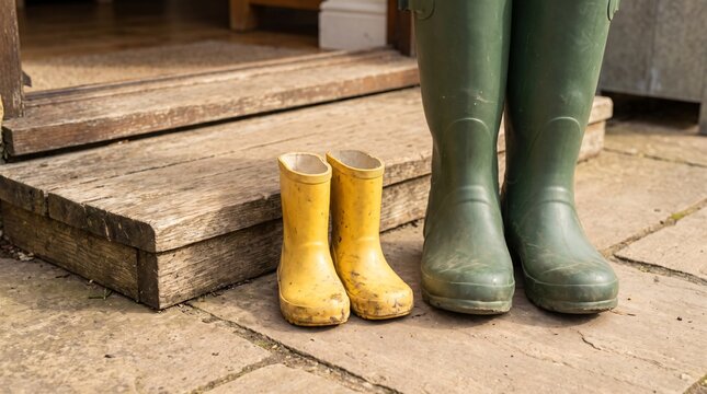 Small Wellington Boots Beside Adult Boots On A Farmhouse Doorstep As A Family Generations Metaphor