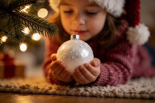 Young child in a Santa hat gently holds a shimmering white Christmas ornament, illuminated by warm string lights on a cozy rug.