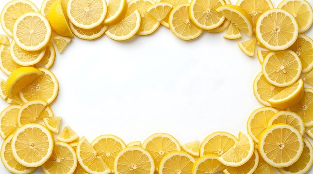 Fresh yellow lemon slices arranged as a border frame on white background