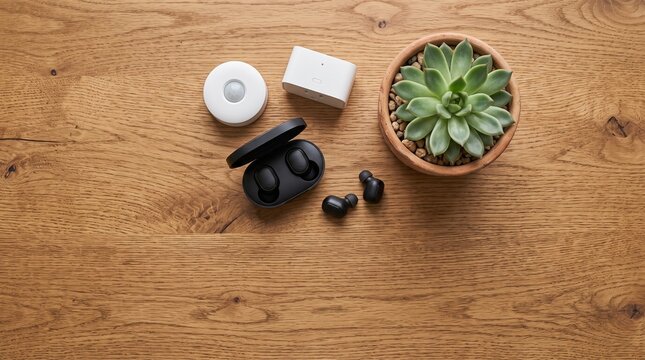 Modern Gadget Arrangement: A minimalist flat lay showcases a collection of modern electronic gadgets and a small potted succulent on a wooden surface, embodying technology and organization.