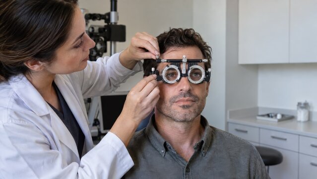 Optometrist adjusting trial frame on patient during eye exam