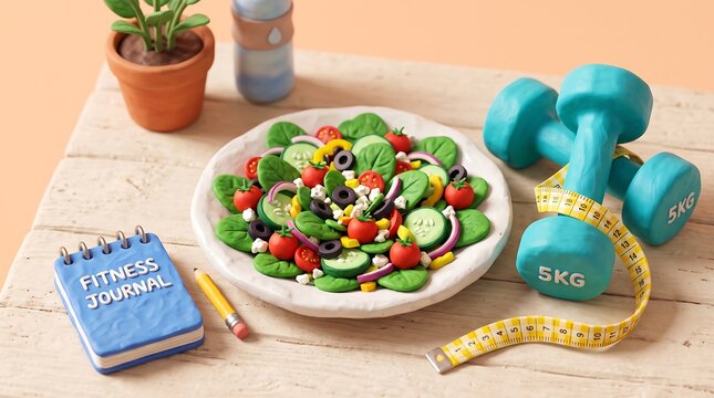 3d fitness concept with vegetable salad, dumbbells and fitness journal