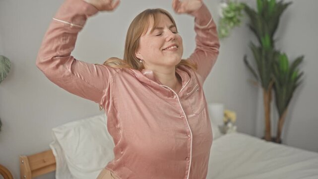 Woman stretches arms on bed wearing pink satin pajamas in a bedroom inside a building, eyes closed and smiling after waking; morning contentment.