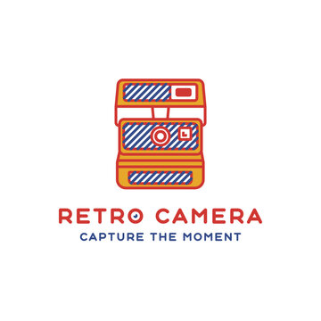 Vintage instant camera icon logo badge with retro typography in colorful monoline illustration