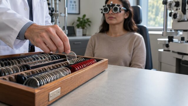 Optometrist selecting trial lens for patient eye exam