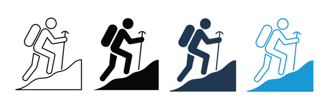 Hiking icon set featuring backpacker climbing mountain peaks and trekking man silhouettes for outdoor adventure, mountaineering, travel, and tourism.