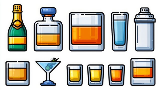 Beverage icon collection including champagne, whiskey, cocktails, and shot glasses in vector format 