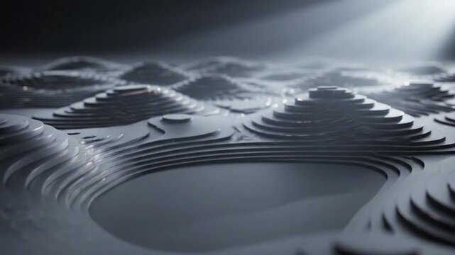 Abstract dark grey 3D topographic map with volumetric lighting and concentric elevation contour lines