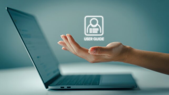 A person extending an open hand towards a laptop screen with a glowing digital user guide floating above the palm, representing technical support and assistance