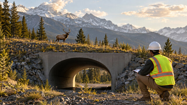 Engineer Measures Clear Underpass While Elk Wait