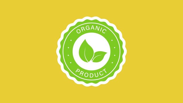 Organic product certification sticker animation with a green circular emblem with two on a transparent background. Organic product label. Seamless animated icon. 4K video overlay isolated element.