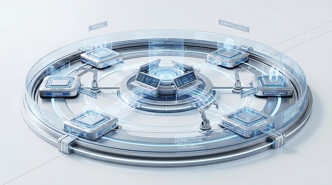 A circular industrial platform with robotic arms connecting multiple data processing units in a futuristic blue and white digital environment