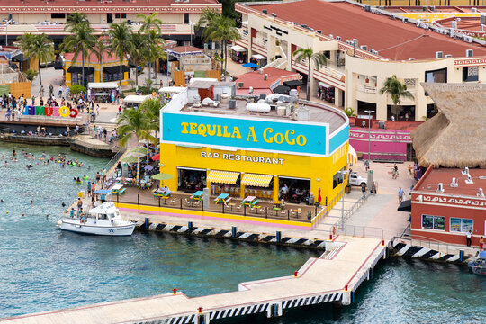 Cozumel, Mexico - May 22, 2026: Tequila a GoGo is a 60's theme Mexican restaurant at the Cozumel cruise port with a fun, party atmosphere with great views.