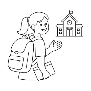 Happy schoolgirl with backpack and books waving near school building line art