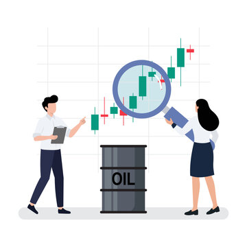 Traders analyzing oil market price chart with magnifying glass