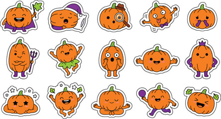 Fototapeta premium Set of cute cartoon pumpkin stickers with various funny expressions and costumes for halloween holiday celebration design