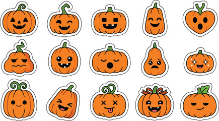 Fototapeta premium Set of cute cartoon pumpkin stickers with various funny facial expressions for halloween decoration and scrapbooking projects