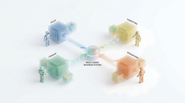 A multi-agent business system with four colored cubes representing sales, marketing, finance, and operations with small humanoid figures