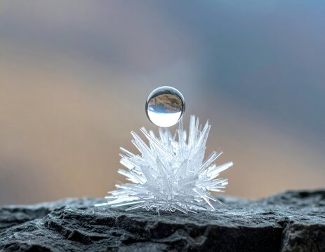 Water Droplet on Ice Crystal: A pristine water droplet suspended above a delicate ice crystal formation on a textured surface, capturing a moment of frozen beauty.